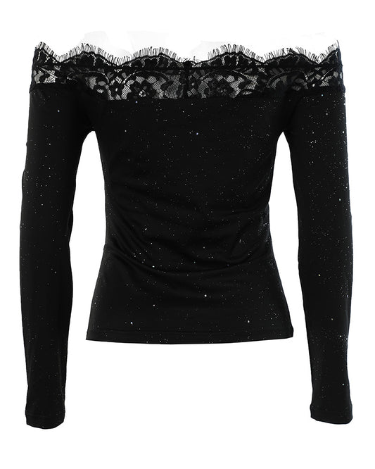 Glitter Off Shoulder Eyelash Lace Patch Top