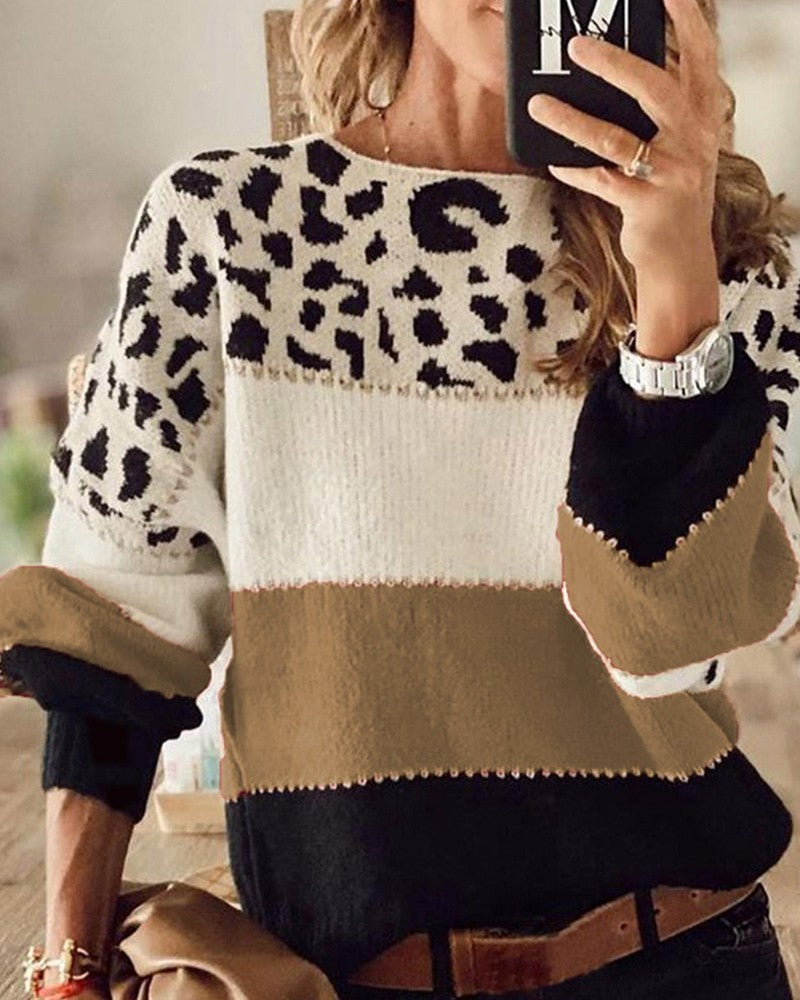 Cheetah Print Colorblock Long Sleeve Casual Sweater