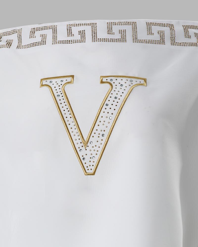 Rhinestone Embroidery Letter Lantern Sleeve Top