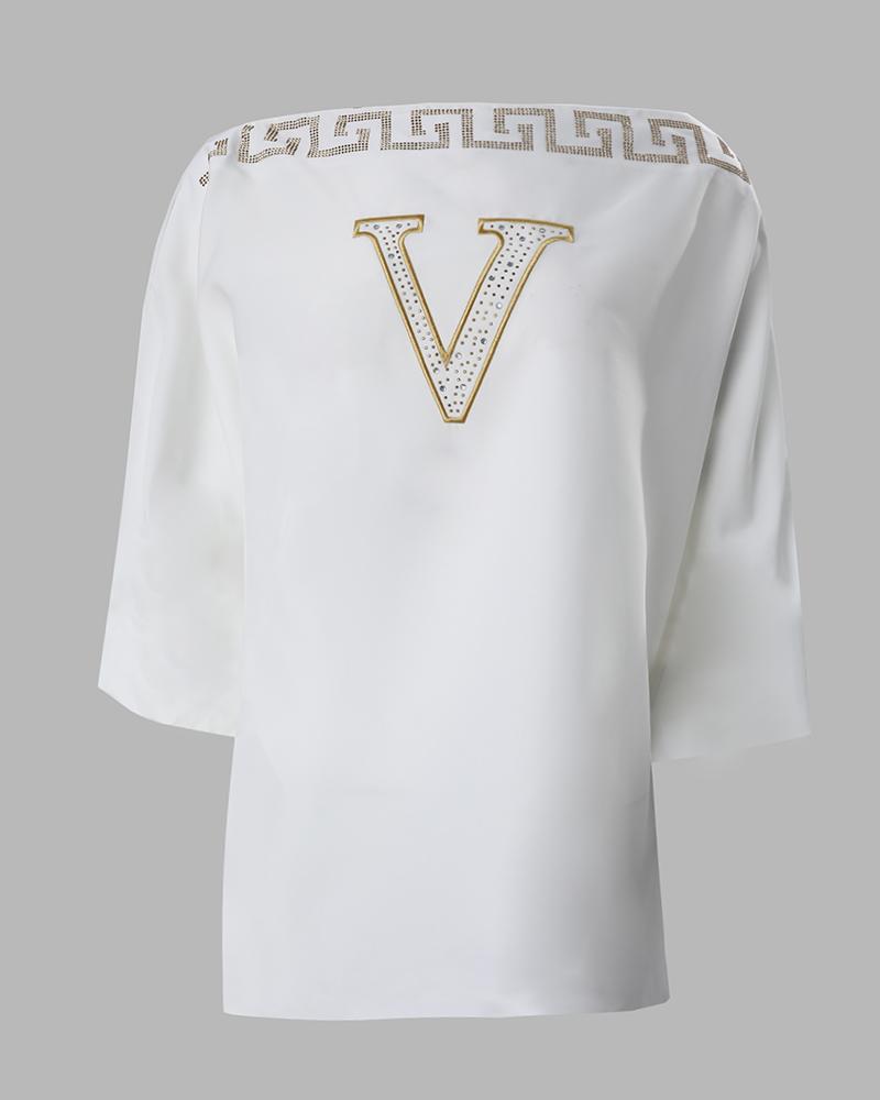 Rhinestone Embroidery Letter Lantern Sleeve Top