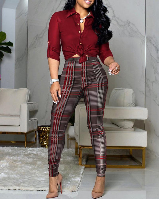 Long Sleeve Button Down Shirt & Plaid Pants Set