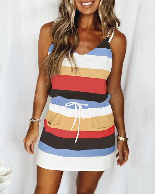 Striped V Neck Drawstring Waist Casual Dress