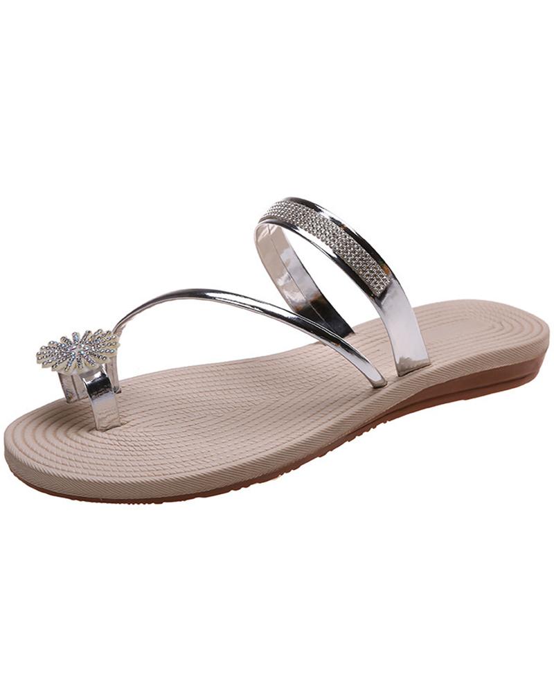 Rhinestone Floral Pattern Toe Ring Beach Flip Flops