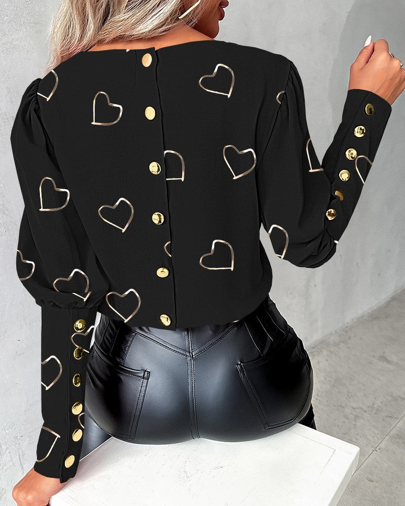 Heart Print Buttoned Long Sleeve Top