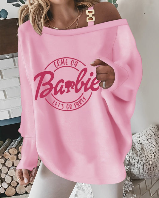 Come On Barbie Let's Go Party Print Cold Shoulder Chain Decor Top