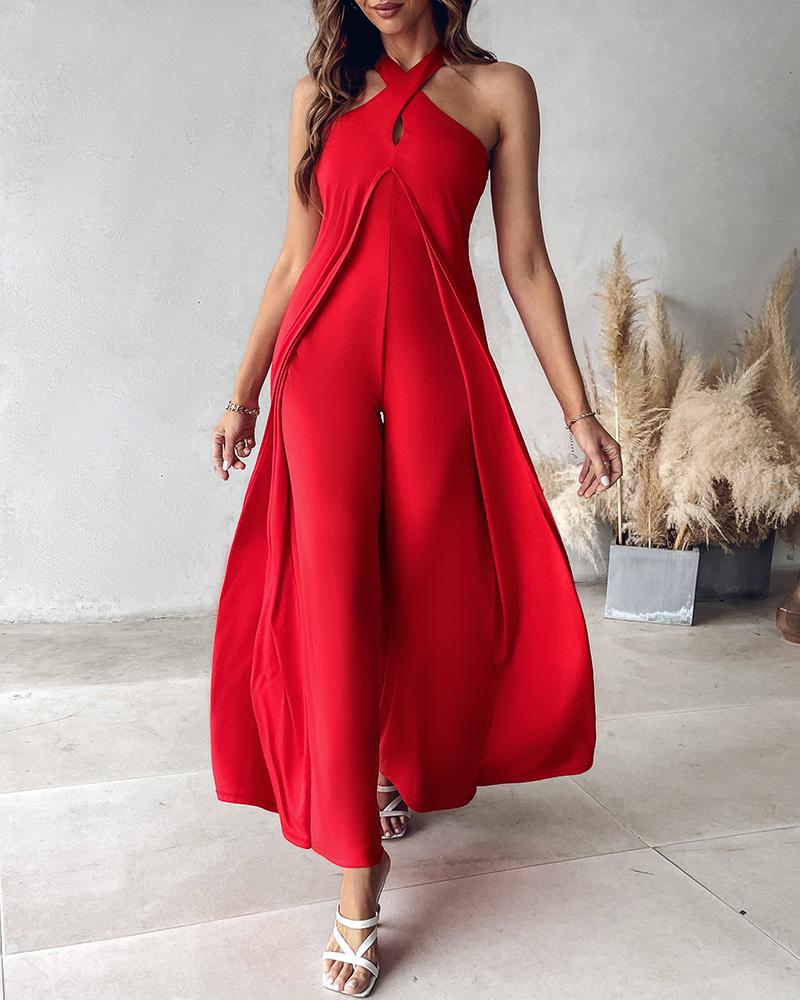 Halter Asymmetrical Flared Leg Jumpsuit