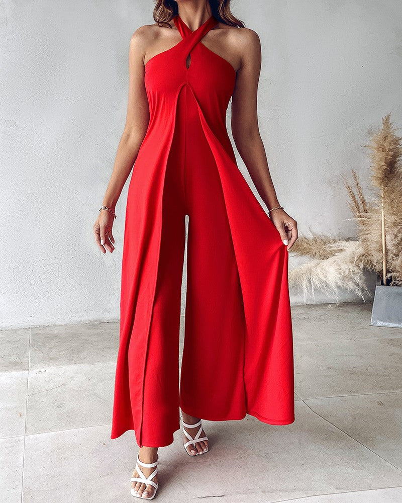 Halter Asymmetrical Flared Leg Jumpsuit