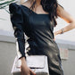 Solid PU Puff Sleeve Ruched Bodycon Dress