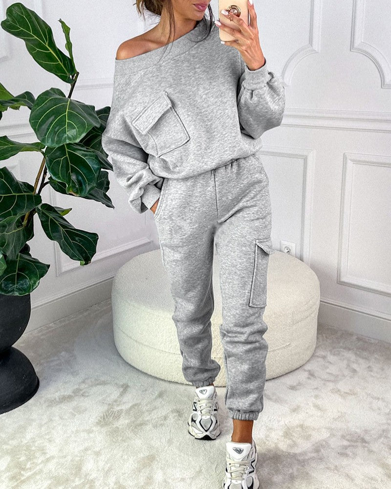 Round Neck Pocket Design Sweatshirt & Cuffed Sweatpants Set