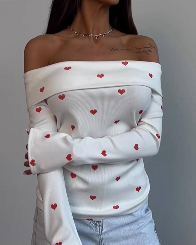 Heart Print Off Shoulder Top