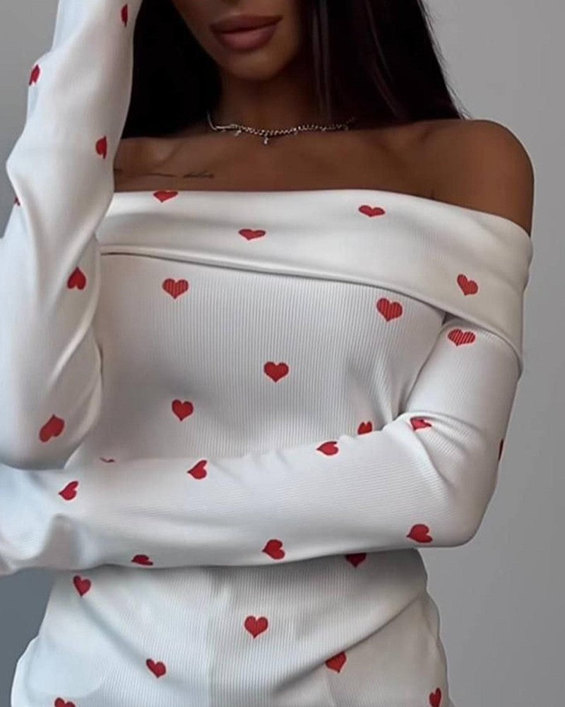 Heart Print Off Shoulder Top