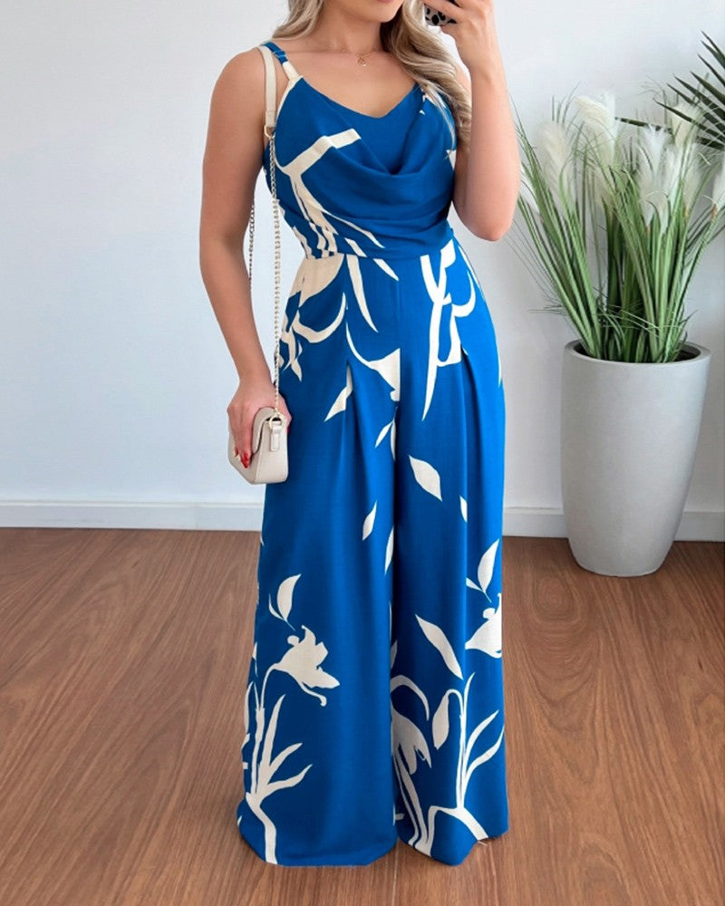 Tropical Print Sleeveless Wide Leg Jumpsuit