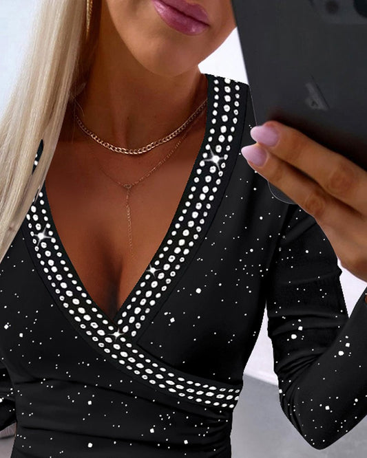 Rhinestone Glitter Deep V Neck Top