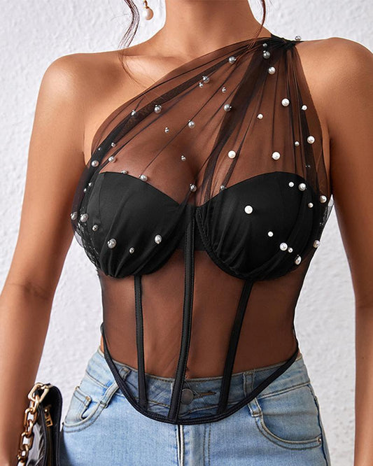 Sheer Mesh Beaded Corset Top