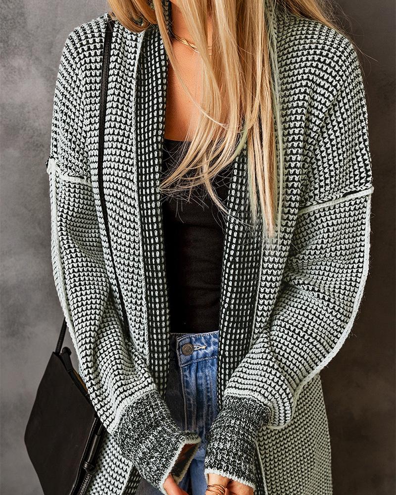 Plaid Knitted Open Front Longline Cardigan