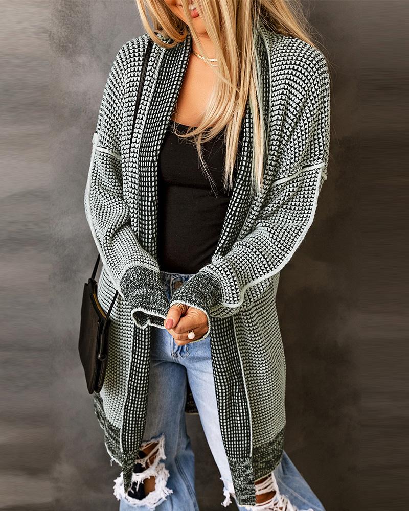 Plaid Knitted Open Front Longline Cardigan