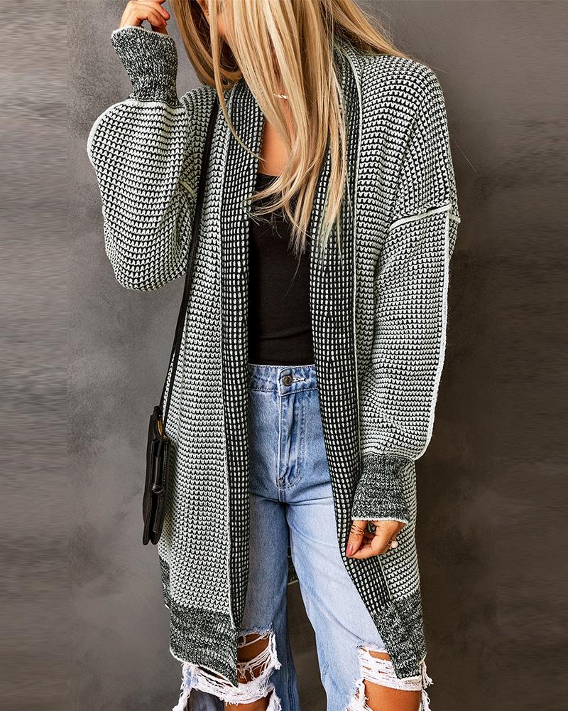 Plaid Knitted Open Front Longline Cardigan