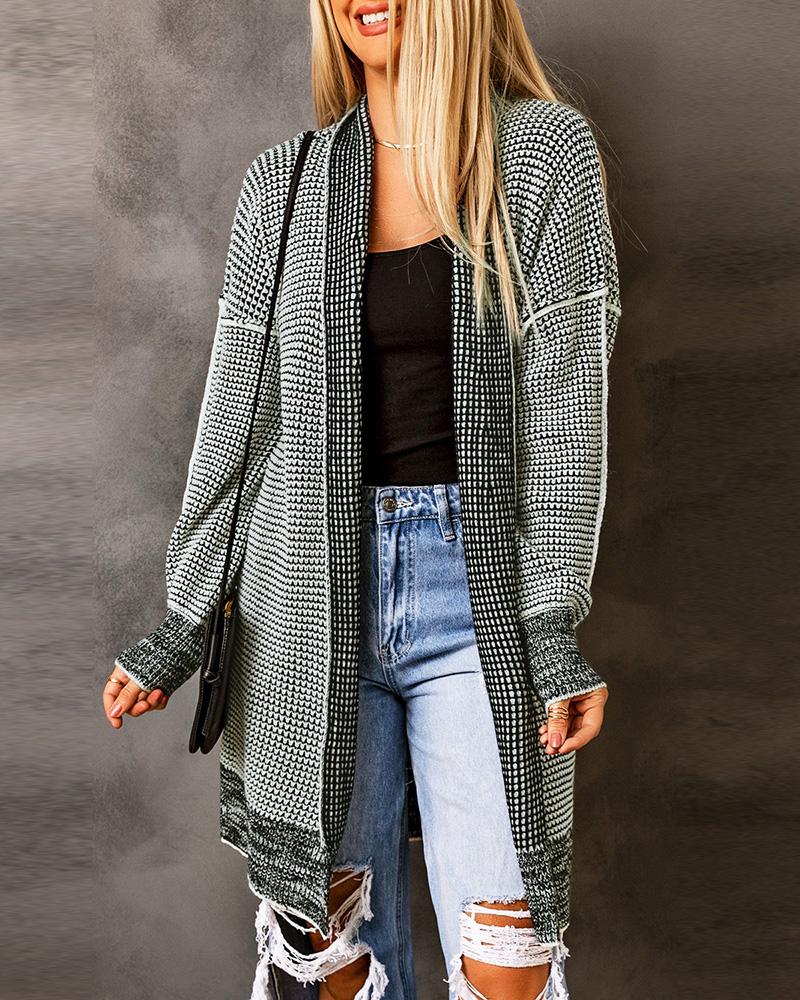 Plaid Knitted Open Front Longline Cardigan