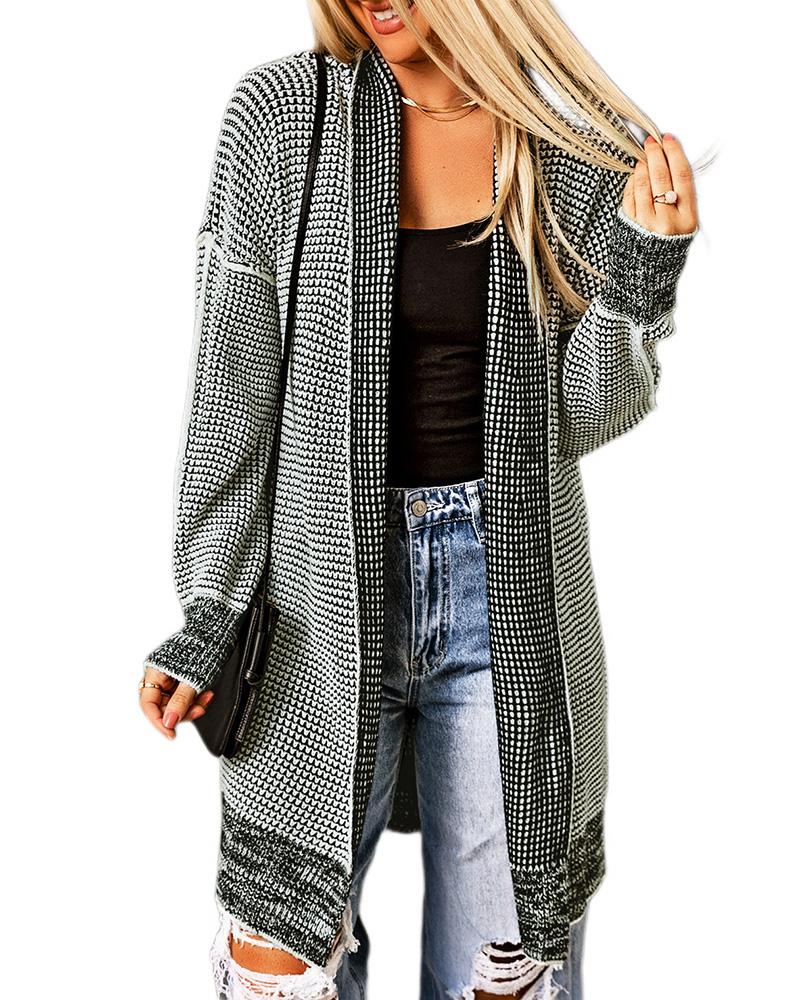 Plaid Knitted Open Front Longline Cardigan