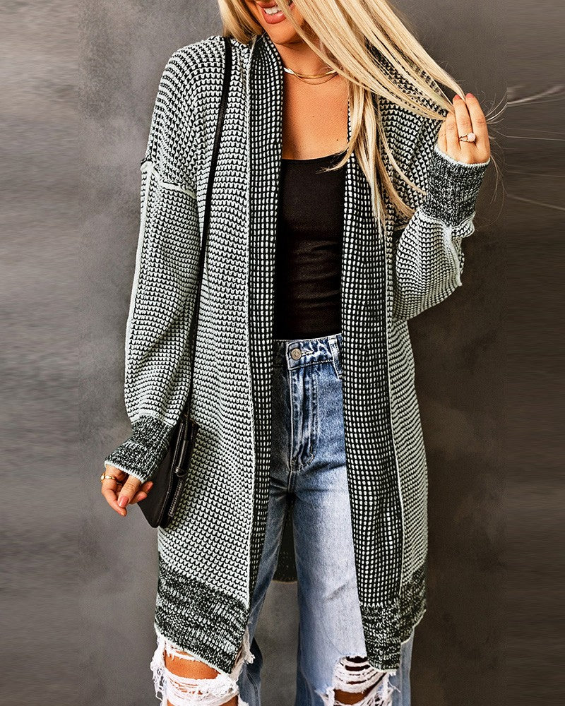 Plaid Knitted Open Front Longline Cardigan