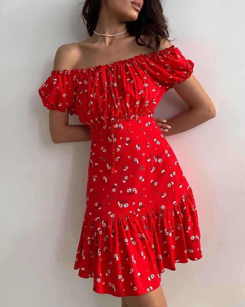 Daisy Print Off Shoulder Ruched Dress