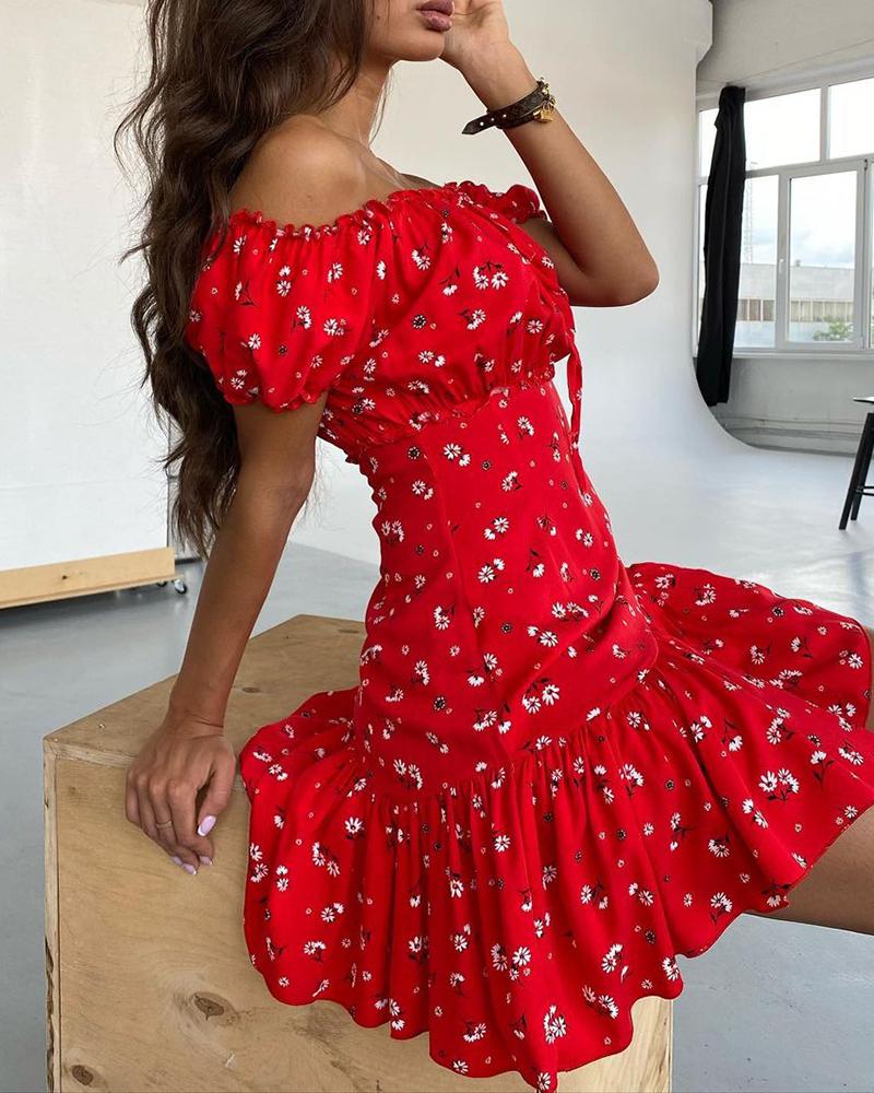 Daisy Print Off Shoulder Ruched Dress