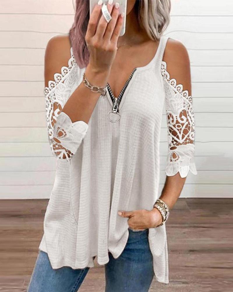 Cold Sleeve Zipper Front Lace Trim Top