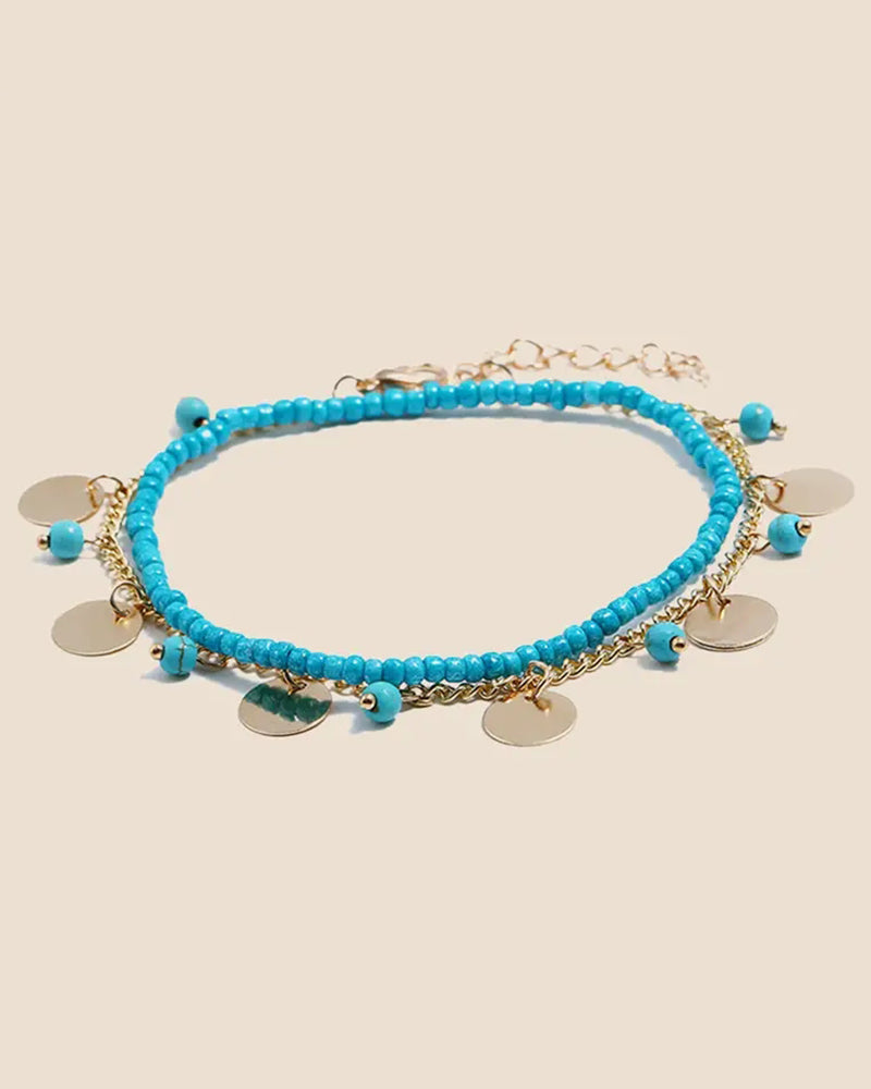 2pcs Stackable Beaded Disc Bohemian Summer Beach Anklets Set