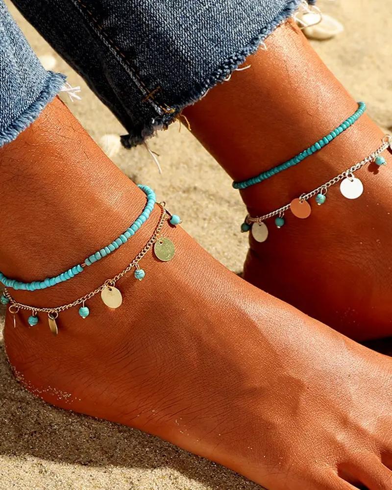 2pcs Stackable Beaded Disc Bohemian Summer Beach Anklets Set