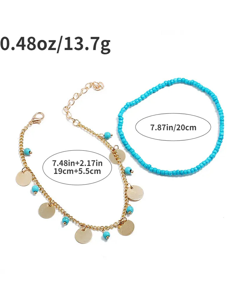 2pcs Stackable Beaded Disc Bohemian Summer Beach Anklets Set