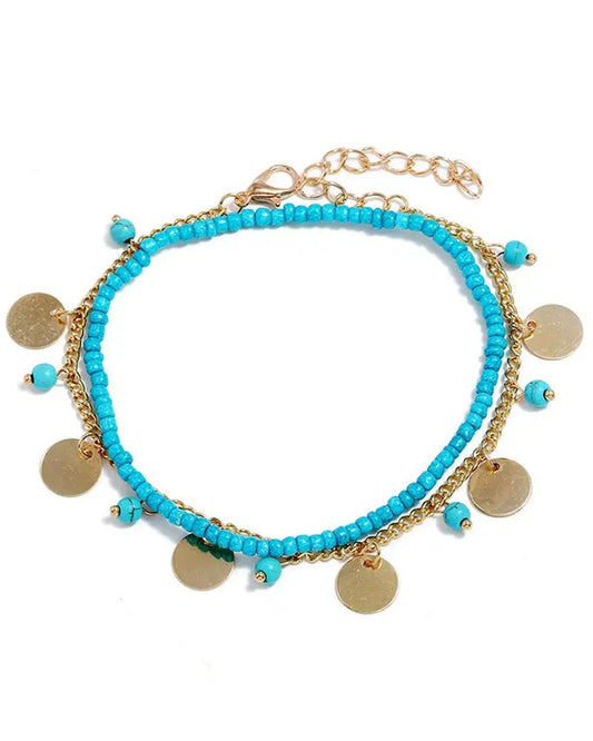 2pcs Stackable Beaded Disc Bohemian Summer Beach Anklets Set