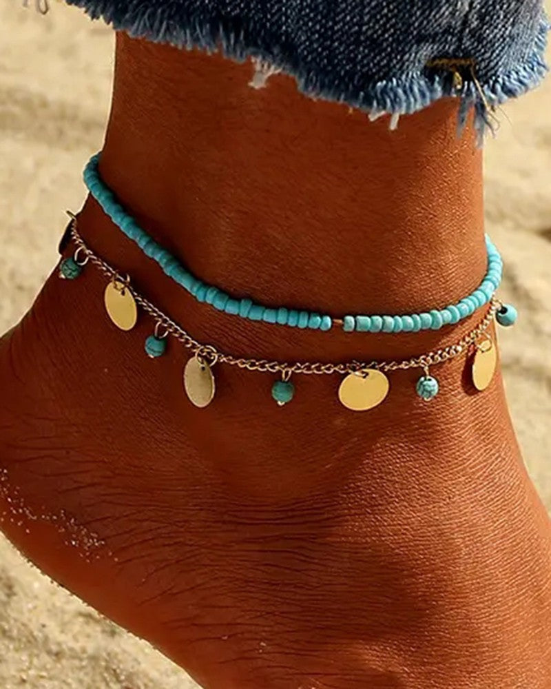 2pcs Stackable Beaded Disc Bohemian Summer Beach Anklets Set