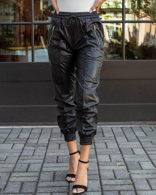 Elastic Waist Zipper Detail PU Pants