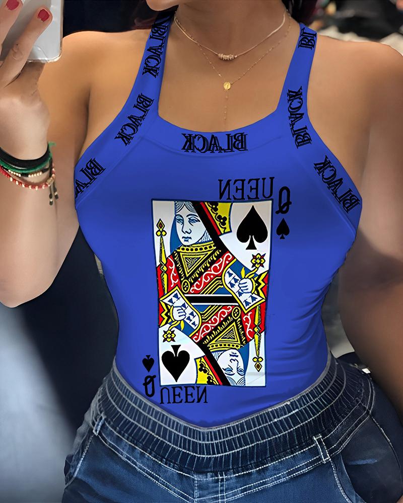 Letter Poker Print Sleeveless Bowknot Decor Top