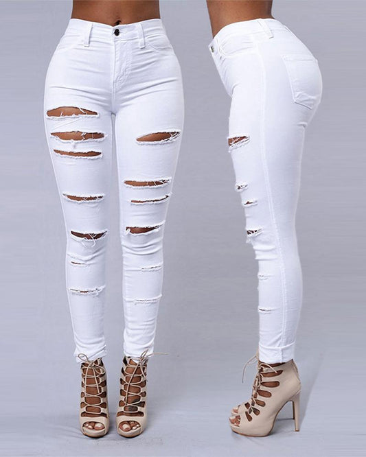 Zipper Fly Ladder Cutout Ripped Skinny Jeans