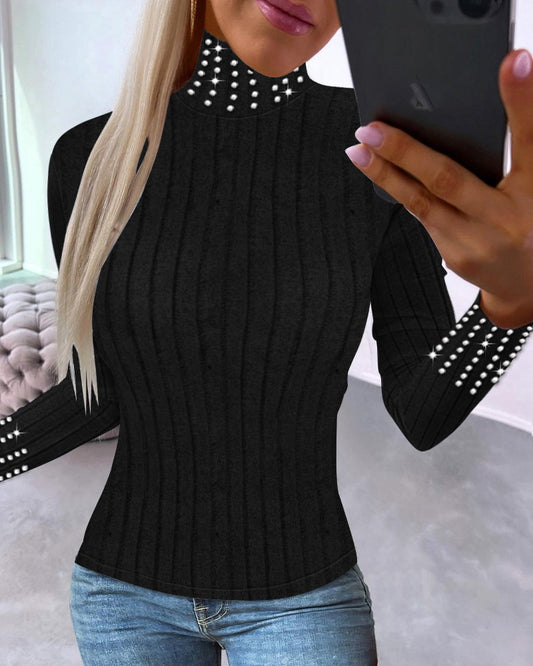 Beaded High Neck Long Sleeve Top