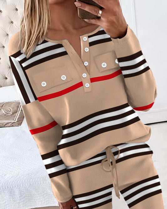 Striped Colorblock Buttoned Top & Drawstring Pants Set