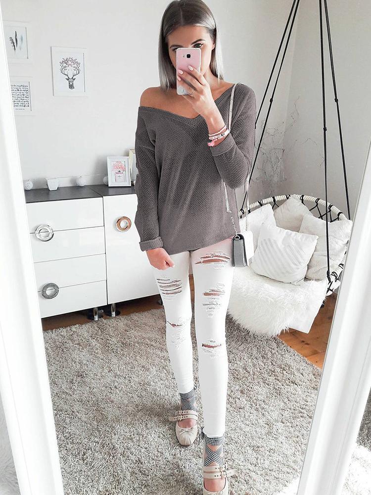 V Neck Knitted Casual Pullover Sweater