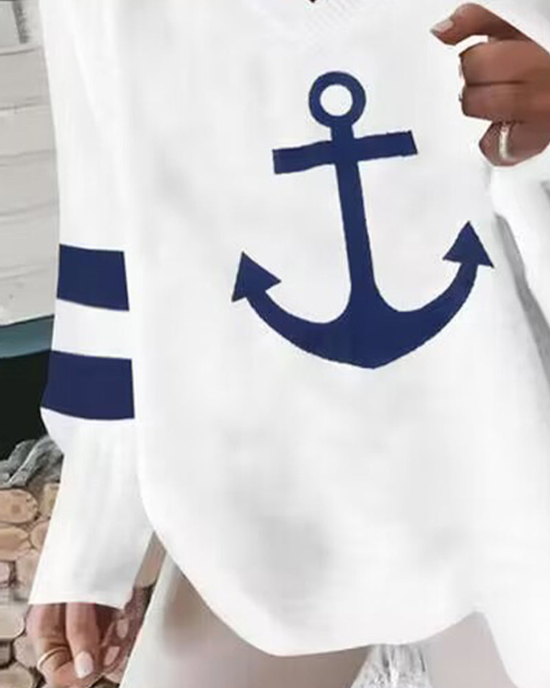 Anchor Print Striped V Neck Top