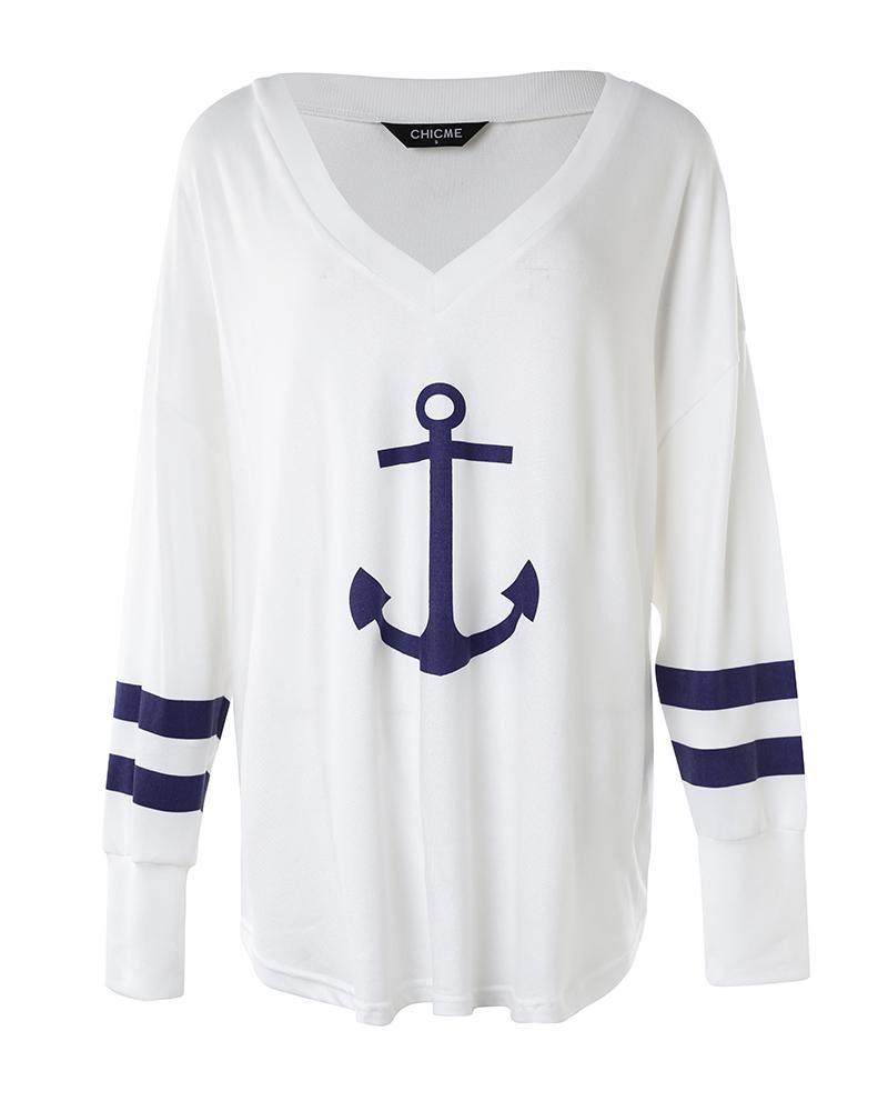 Anchor Print Striped V Neck Top