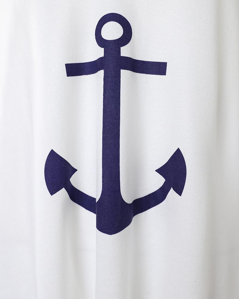 Anchor Print Striped V Neck Top