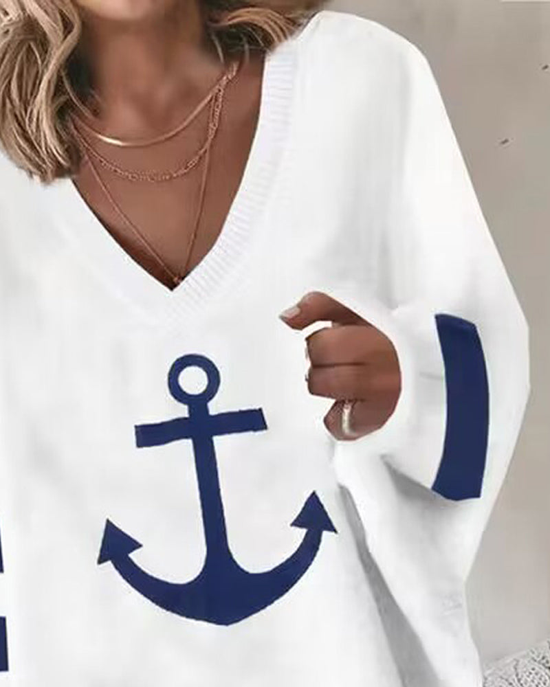 Anchor Print Striped V Neck Top