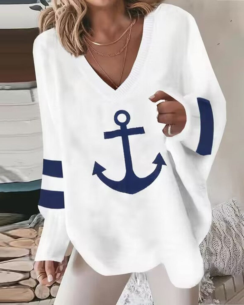 Anchor Print Striped V Neck Top