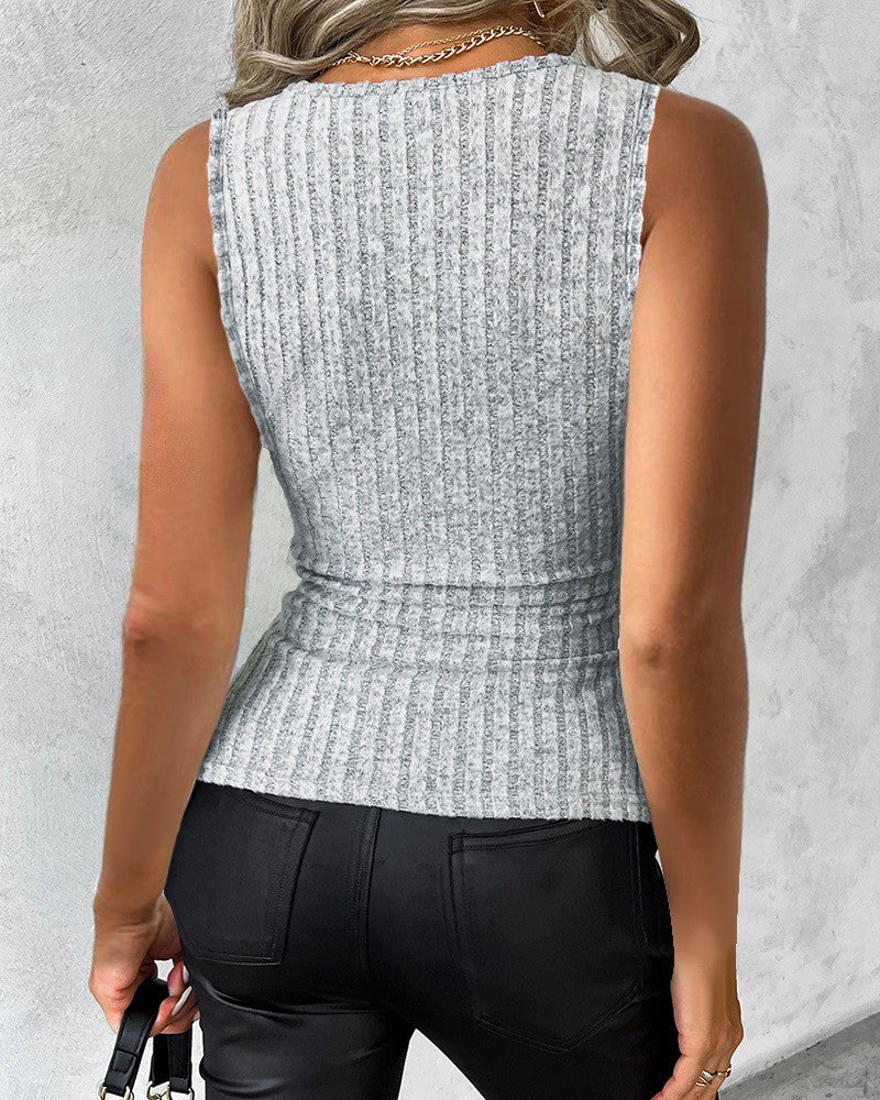 Overlap Buttoned Ribbed Tank Top