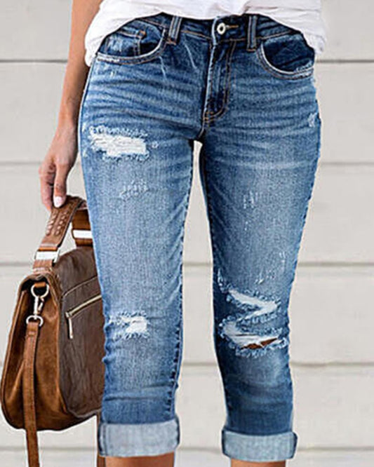 Ripped Low Waist Capris Denim Pants