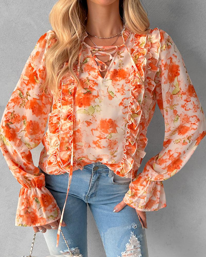 Tie Dye Print Lace up Frill Hem Top