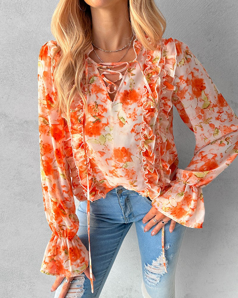 Tie Dye Print Lace up Frill Hem Top