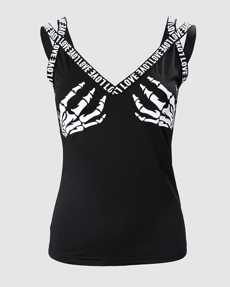 Halloween Graphic Print V Neck Tank Top