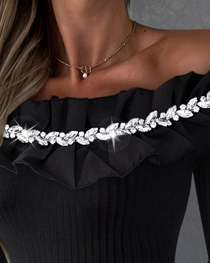 Rhinestone Ruffles Off Shoulder Top