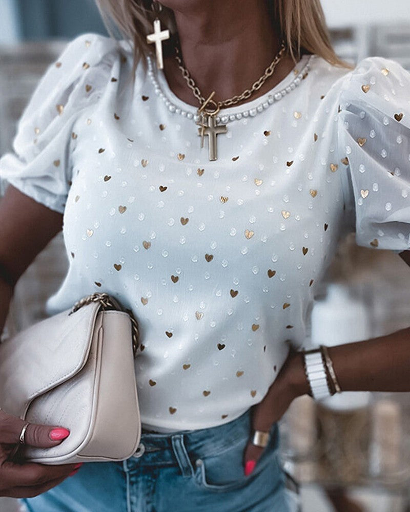 Heart Print Swiss Dot Puff Sleeve Top